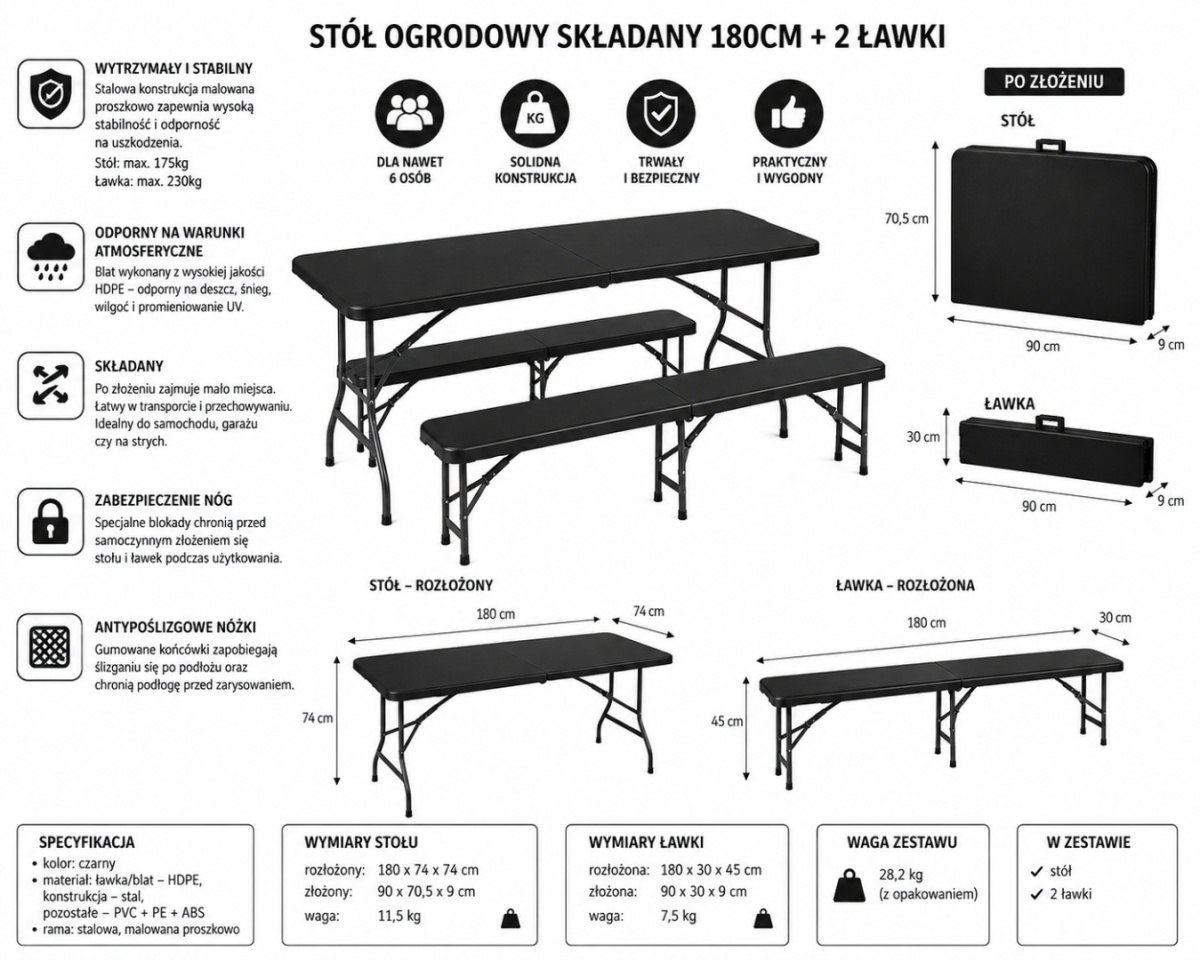 Skládací cateringový stůl 180 cm + 2 lavice zahradní černý Kempingový 00017966